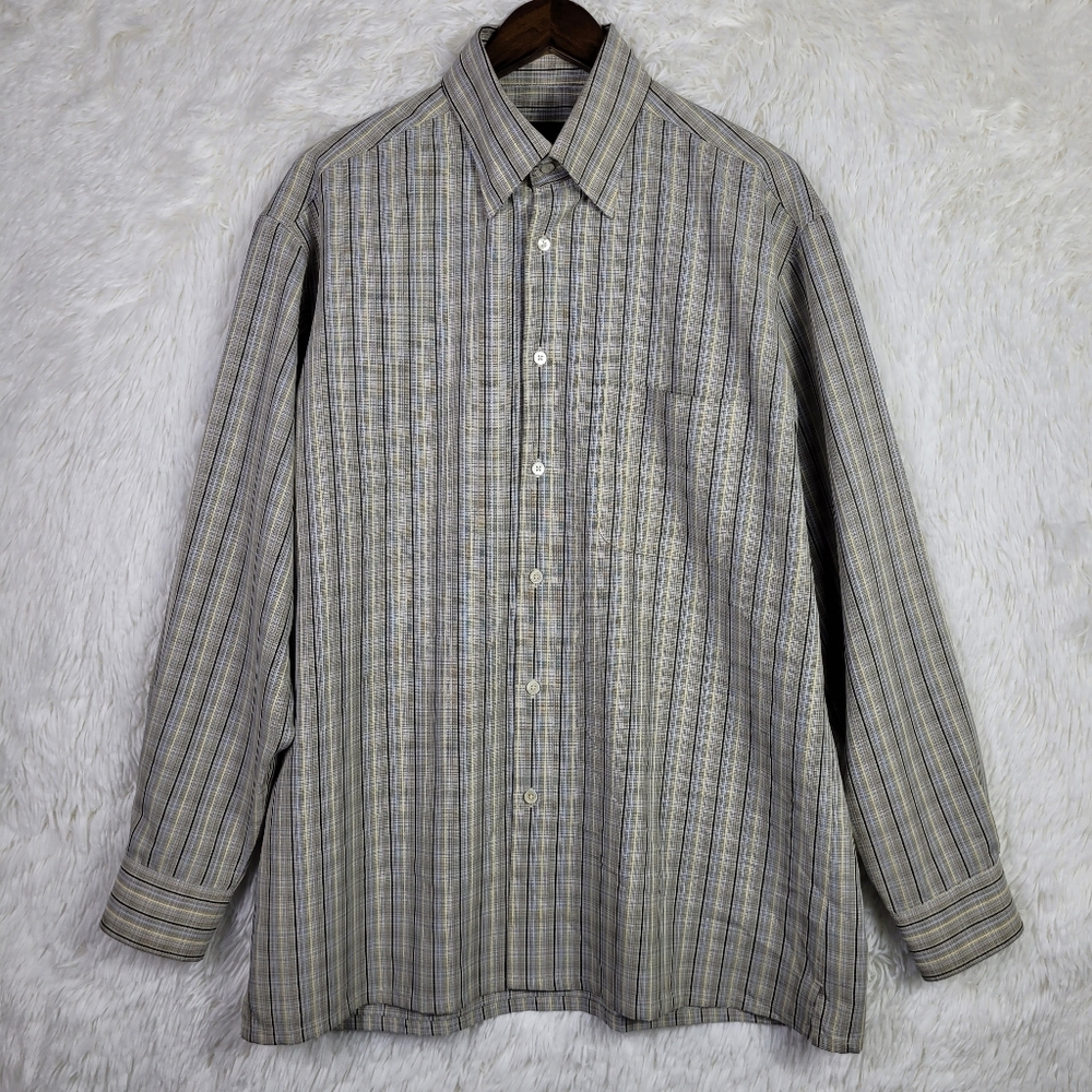 Vtg Lg Bugatchi Uomo Mens Twill Stripe Woven Button Down Shirt 90s Y2K